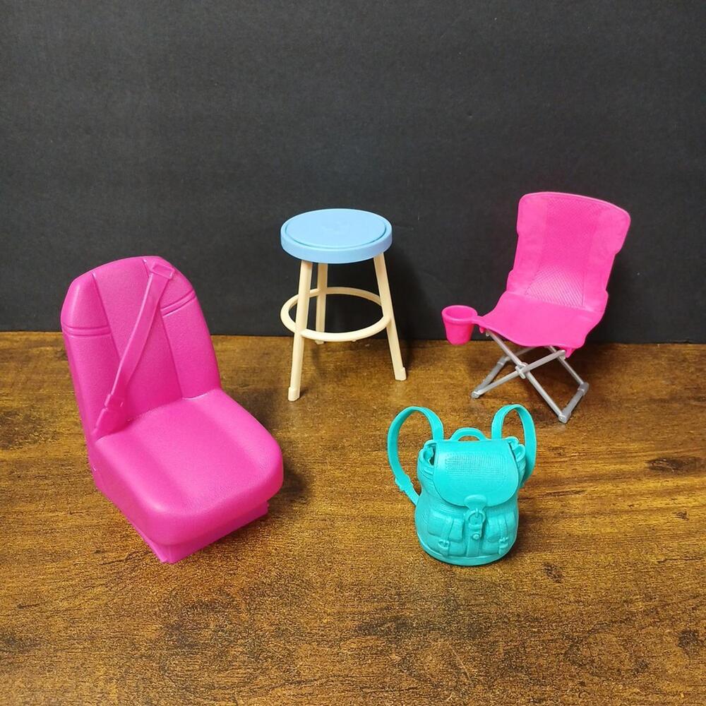 Lot of Doll Accessories, Vehicle Chair -  Stool - Backpack - Camper Chair